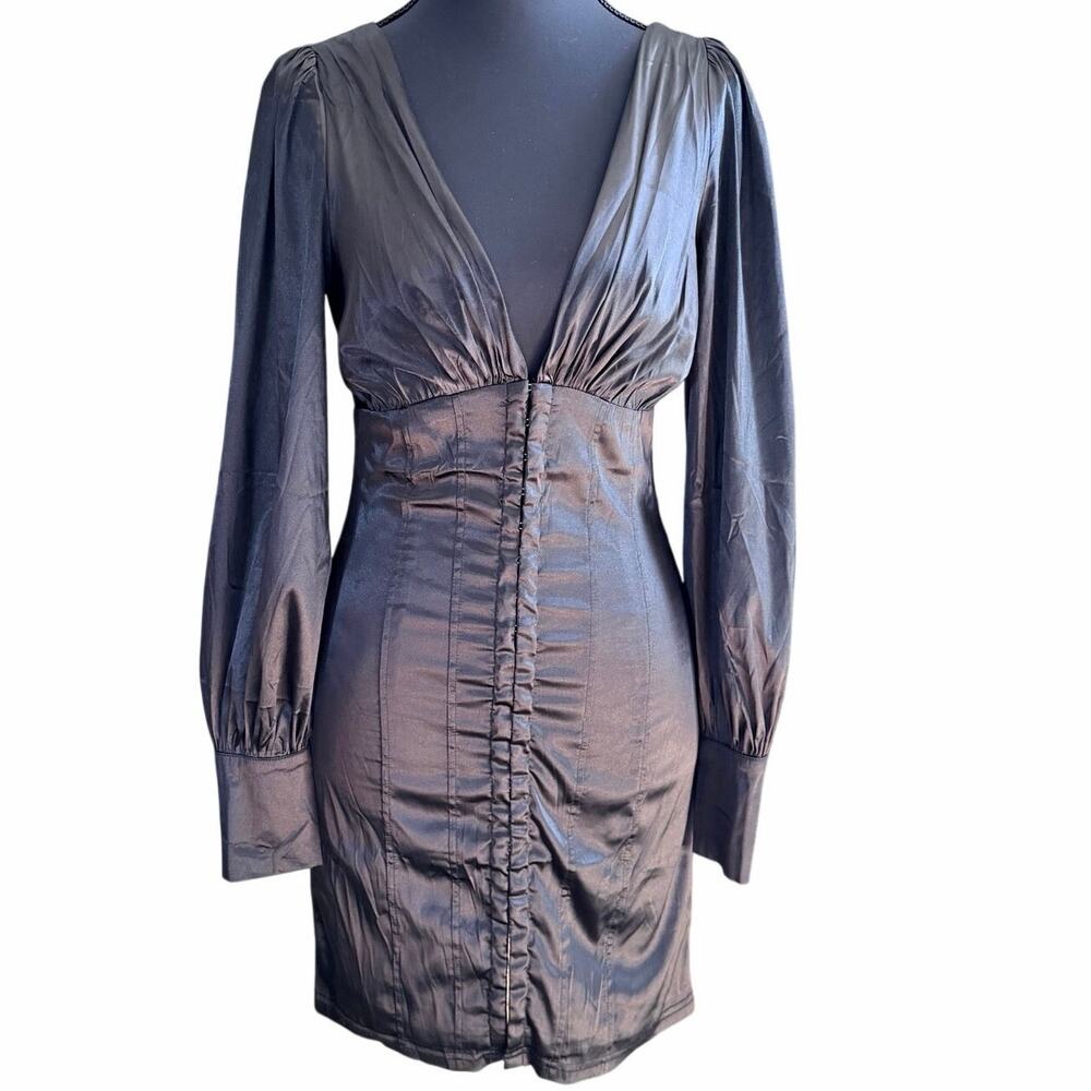 Salty low v neck body con hook and eye front black satin dress small poet sleeve